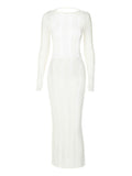 Momnfancy White Striped Backless Knitting Bodycon Long Sleeve Baby Shower Maternity Maxi Dress
