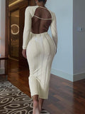 Momnfancy White Striped Backless Knitting Bodycon Long Sleeve Baby Shower Maternity Maxi Dress