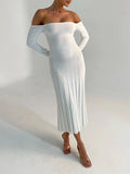 Momnfancy Solid Off Shoulder Pleated Bodycon Baby Shower Elegant Maternity Maxi Dress