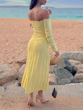 Momnfancy Solid Off Shoulder Pleated Bodycon Baby Shower Elegant Maternity Maxi Dress