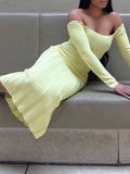 Momnfancy Solid Off Shoulder Pleated Bodycon Baby Shower Elegant Maternity Maxi Dress
