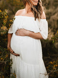 Momnfancy White Off Shoulder Ruffle Chiffon Flowy Elegant Photoshoot Maternity Maxi Dress