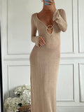 Momnfancy Backless Buckles Deep V-neck Knitting Long Sleeve Elegant Photoshoot Maternity Maxi Dress