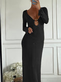 Momnfancy Backless Buckles Deep V-neck Knitting Long Sleeve Elegant Photoshoot Maternity Maxi Dress