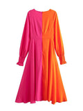 Momnfancy Patchwork Knot Deep V-neck Long Sleeve Photoshoot Maternity Maxi Dress