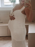 Momnfancy White Lace Up Slit Double-deck Bodycon Baby Shower Maternity Maxi Dress