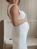 Momnfancy White Lace Up Slit Double-deck Bodycon Baby Shower Maternity Maxi Dress