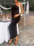 Momnfancy Black One Shoulder Ruched Bodycon Baby Shower Maternity Maxi Dress