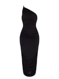Momnfancy Black One Shoulder Ruched Bodycon Baby Shower Maternity Maxi Dress