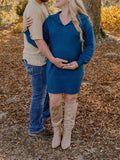 Momnfancy Solid Knitting Lantern Sleeve Baby Shower Oversize Mini Maternity Sweater Dress