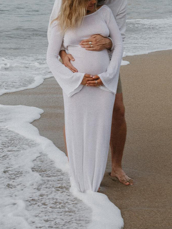 Momnfancy White Backless Sheer Long Sleeve Photoshoot Flowy Maternity Maxi Dress
