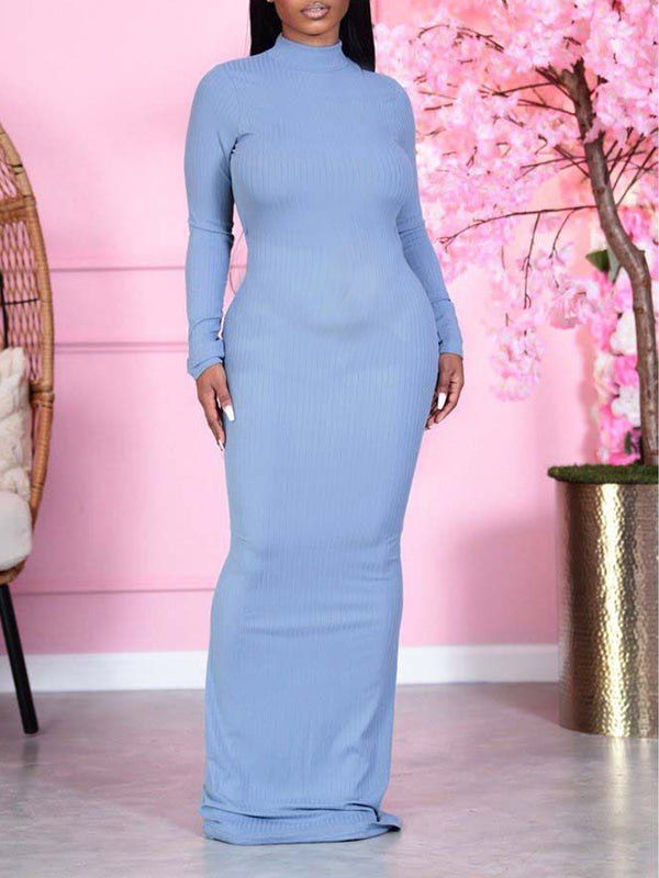Momnfancy Solid High Neck Backless Knitting Bodycon Baby Shower Maxi Maternity Dress