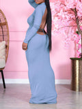 Momnfancy Solid High Neck Backless Knitting Bodycon Baby Shower Maxi Maternity Dress