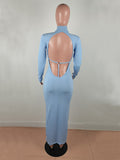 Momnfancy Solid High Neck Backless Knitting Bodycon Baby Shower Maxi Maternity Dress