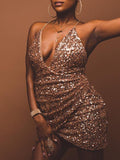 Momnfancy Champagne Sequin Spaghetti Strap Backless Baby Shower Sparkly Prom Maternity Mini Dress