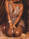 Momnfancy Champagne Sequin Spaghetti Strap Backless Baby Shower Sparkly Prom Maternity Mini Dress