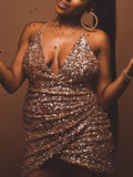 Momnfancy Champagne Sequin Spaghetti Strap Backless Baby Shower Sparkly Prom Maternity Mini Dress