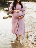 Momnfancy Solid Shirred Boho Square Neck Puff Sleeve Baby Shower Flowy Maternity Midi Dress