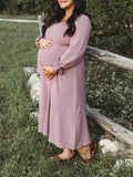 Momnfancy Solid Shirred Boho Square Neck Puff Sleeve Baby Shower Flowy Maternity Midi Dress