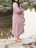 Momnfancy Solid Shirred Boho Square Neck Puff Sleeve Baby Shower Flowy Maternity Midi Dress