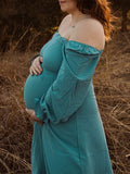 Momnfancy Solid Shirred Boho Square Neck Puff Sleeve Baby Shower Flowy Maternity Midi Dress