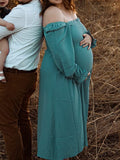 Momnfancy Solid Shirred Boho Square Neck Puff Sleeve Baby Shower Flowy Maternity Midi Dress