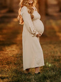 Momnfancy Solid Shirred Boho Square Neck Puff Sleeve Baby Shower Flowy Maternity Midi Dress