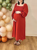 Momnfancy Solid Shirred Boho Square Neck Puff Sleeve Baby Shower Flowy Maternity Midi Dress