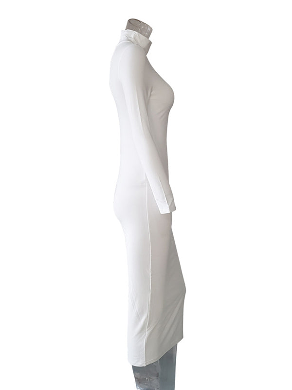 Momnfancy White High Neck Long Sleeve Baby Shower Bodycon Maternity Midi Dress