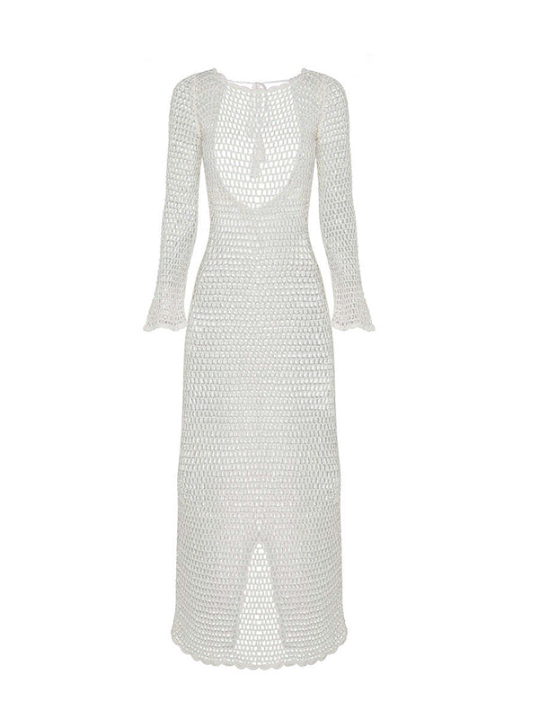 Momnfancy White Cut Out Sheer Slit Knitting Photoshoot Crochet Maternity Maxi Dress