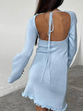 Momnfancy Solid Ruffle Backless Tie Back Baby Shower Bodycon Fashion Maternity Mini Dress