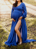 Momnfancy Blue Slit Big Swing Boy Baby Shower Floor Length Photoshoot Maternity Maxi Dress