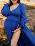 Momnfancy Blue Slit Big Swing Boy Baby Shower Floor Length Photoshoot Maternity Maxi Dress