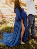 Momnfancy Blue Slit Big Swing Boy Baby Shower Floor Length Photoshoot Maternity Maxi Dress