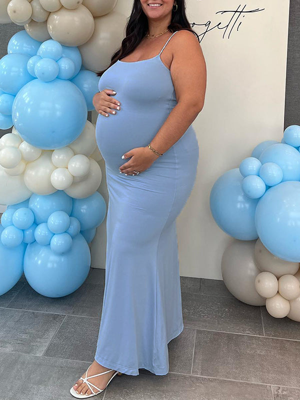 Momnfancy Blue Boy Spaghetti Strap Baby Shower Bodycon Party Maternity Maxi Dress