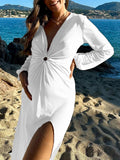Momnfancy White Cut Out Slit Backless Deep V-neck Photoshoot Elegant Maternity Maxi Dress