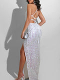 Momnfancy Sequin Slit Backless Tie Back Prom Evening Party Cami Maternity Maxi Dress