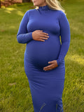 Momnfancy Sapphire Blue High Neck Boy Baby Shower Bodycon Maternity Maxi Dress