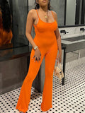 Momnfancy Orange Spaghetti Strap Sleeveless Bodysuit Summer Maternity Flare Leg Long Jumpsuit