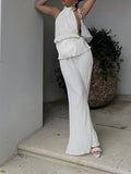 Momnfancy White 2-in-1 Backless Pleated Halter Neck Baby Shower Maternity Wide Leg Long Jumpsuit
