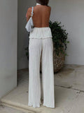 Momnfancy White 2-in-1 Backless Pleated Halter Neck Baby Shower Maternity Wide Leg Long Jumpsuit