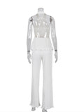 Momnfancy White 2-in-1 Backless Pleated Halter Neck Baby Shower Maternity Wide Leg Long Jumpsuit