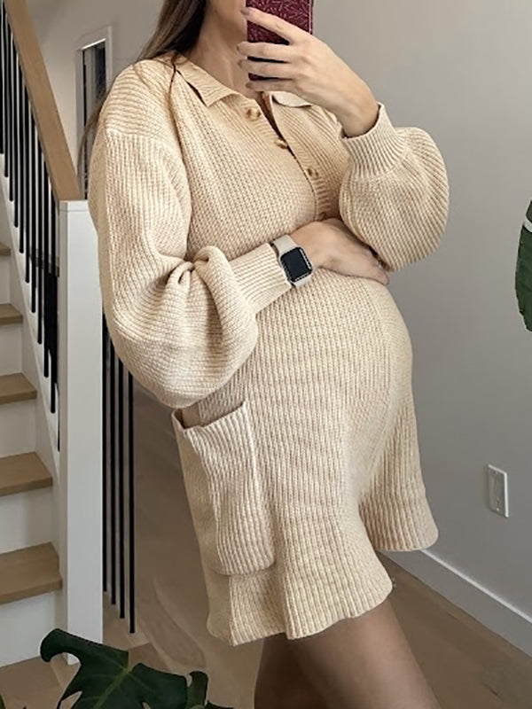 Momnfancy Knit Romper Jumpsuit Button Ribbed Pockets Baby Shower Maternity Sweater Onesie