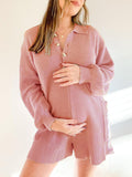 Momnfancy Knit Romper Jumpsuit Button Ribbed Pockets Baby Shower Maternity Sweater Onesie