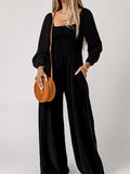 Momnfancy Solid Shirred Ruched Square Neck Baby Shower Maternity Wide Leg Long Jumpsuit