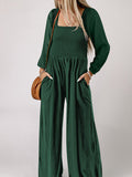 Momnfancy Solid Shirred Ruched Square Neck Baby Shower Maternity Wide Leg Long Jumpsuit