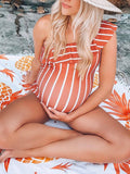 Momnfancy Orange Striped Off Shoulder Ruffle One Piece Swimsuit Beach Stretchy Maternity Swimwear