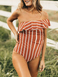 Momnfancy Orange Striped Off Shoulder Ruffle One Piece Swimsuit Beach Stretchy Maternity Swimwear