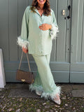 Momnfancy Green Feather Imitation Silk Baby Shower Fashion Maternity Pajamas