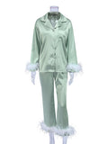Momnfancy Green Feather Imitation Silk Baby Shower Fashion Maternity Pajamas